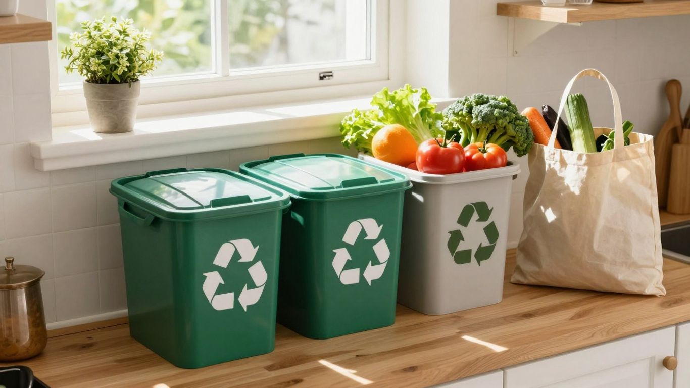 Coșuri de gunoi reciclabile și produse proaspete în bucătărie.