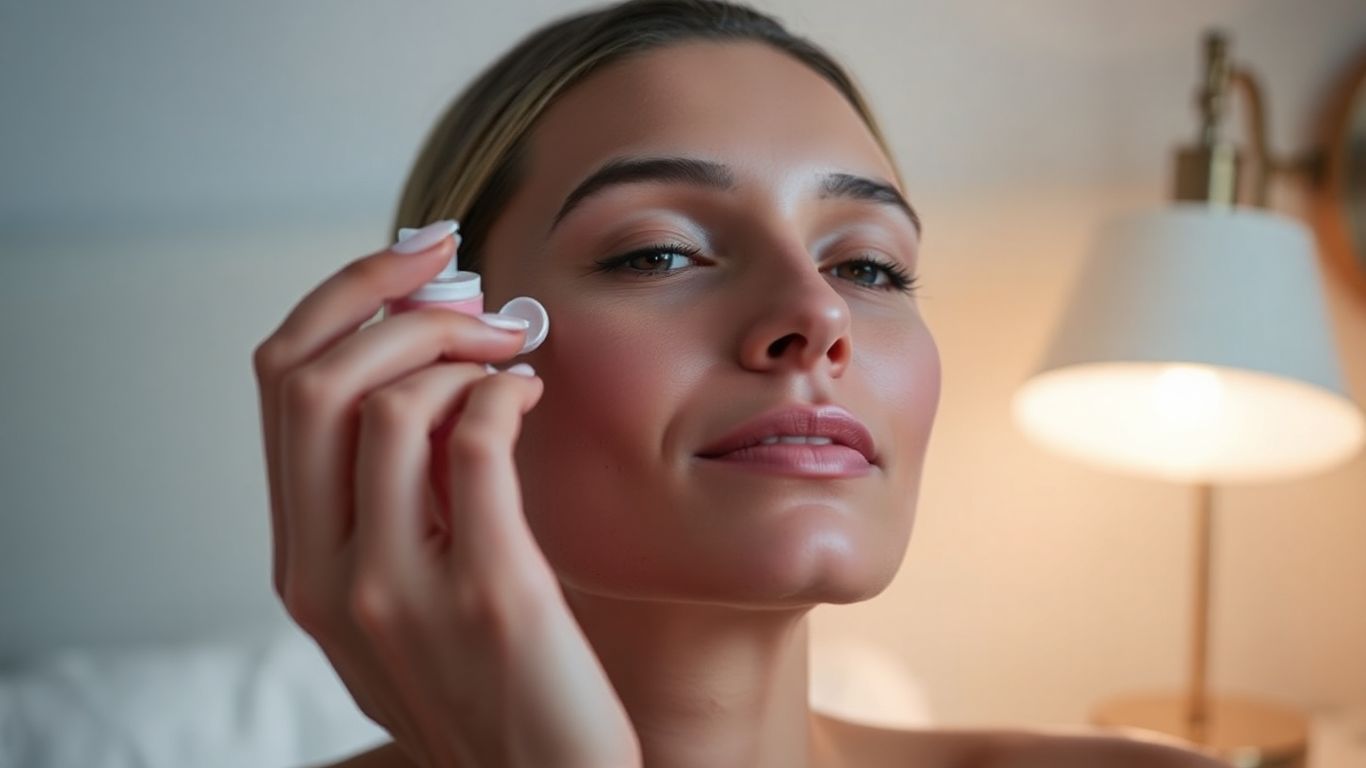 Woman applying serum at night for skin care