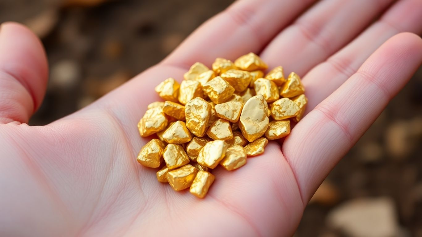 Una mano dorada sosteniendo pepitas de oro puro.