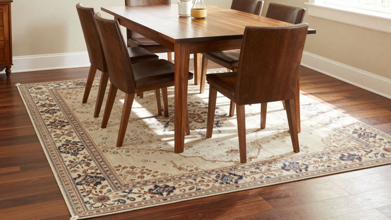 Teppich unter Esstisch mit Stühlen und Holztisch.