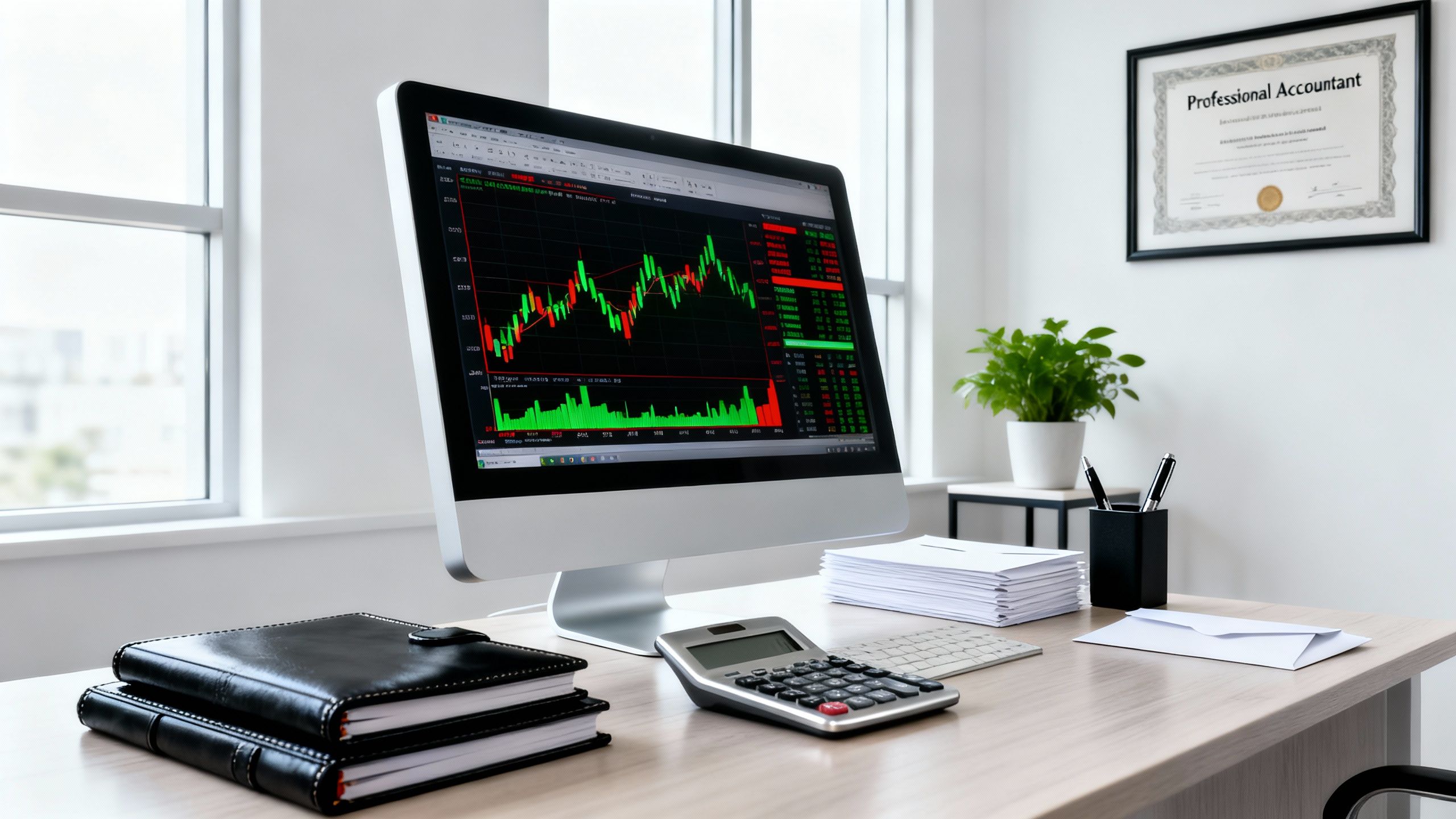 Schreibtisch eines Buchhalters mit Computer in einer Büroumgebung.