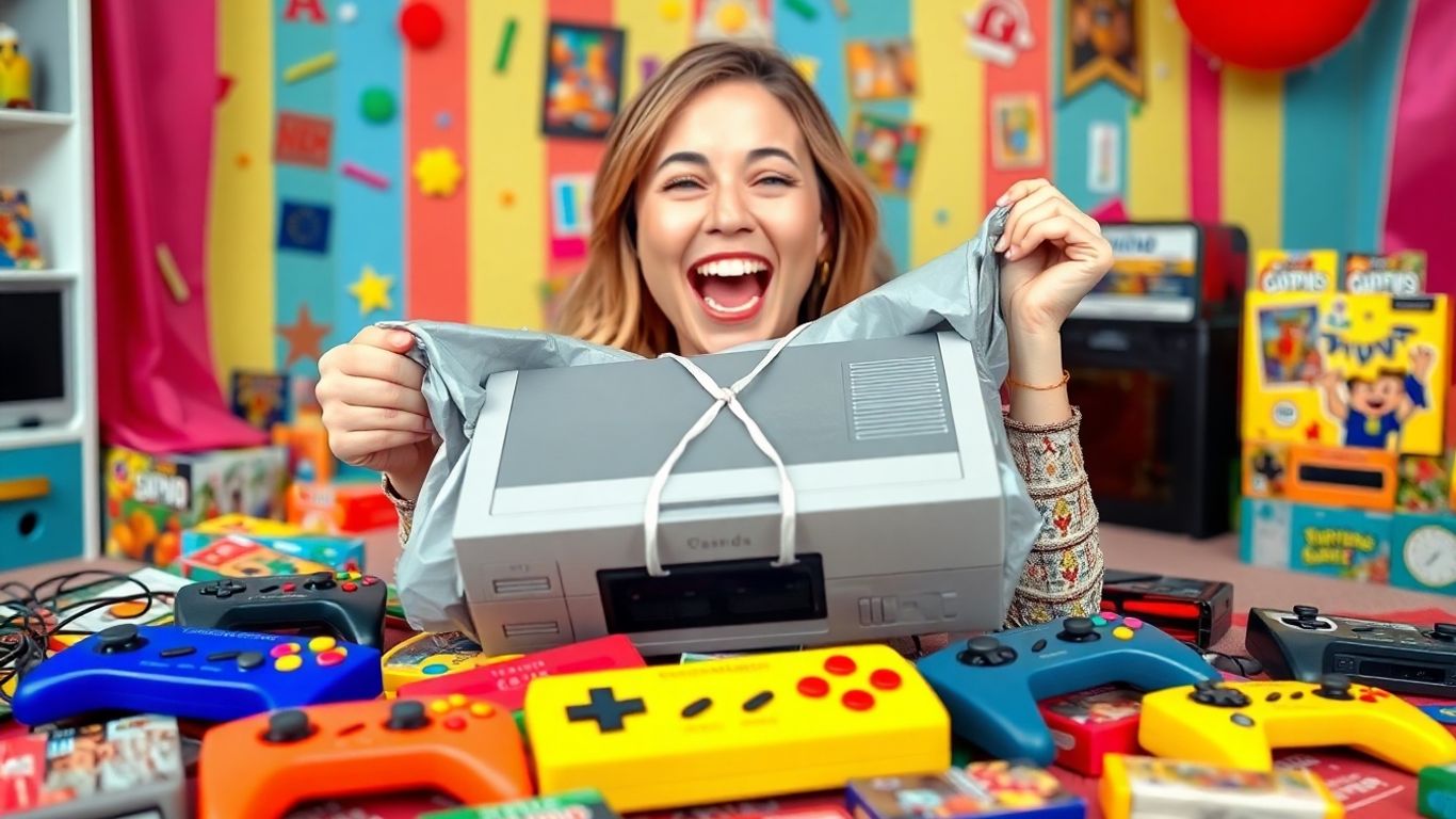 Žena se smeje sa retro igricom u rukama.