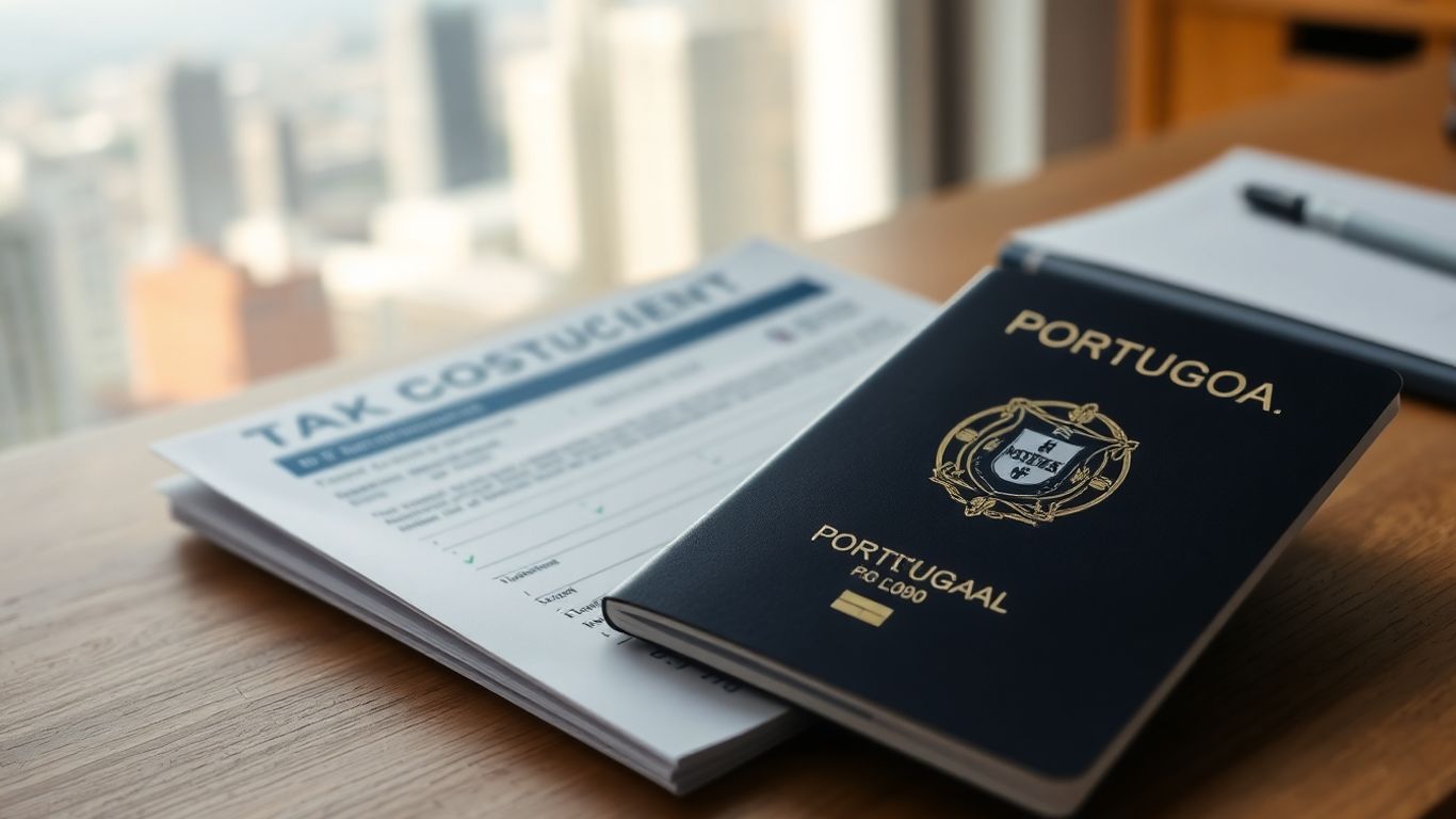 Documentos fiscais e passaporte português em mesa de madeira.