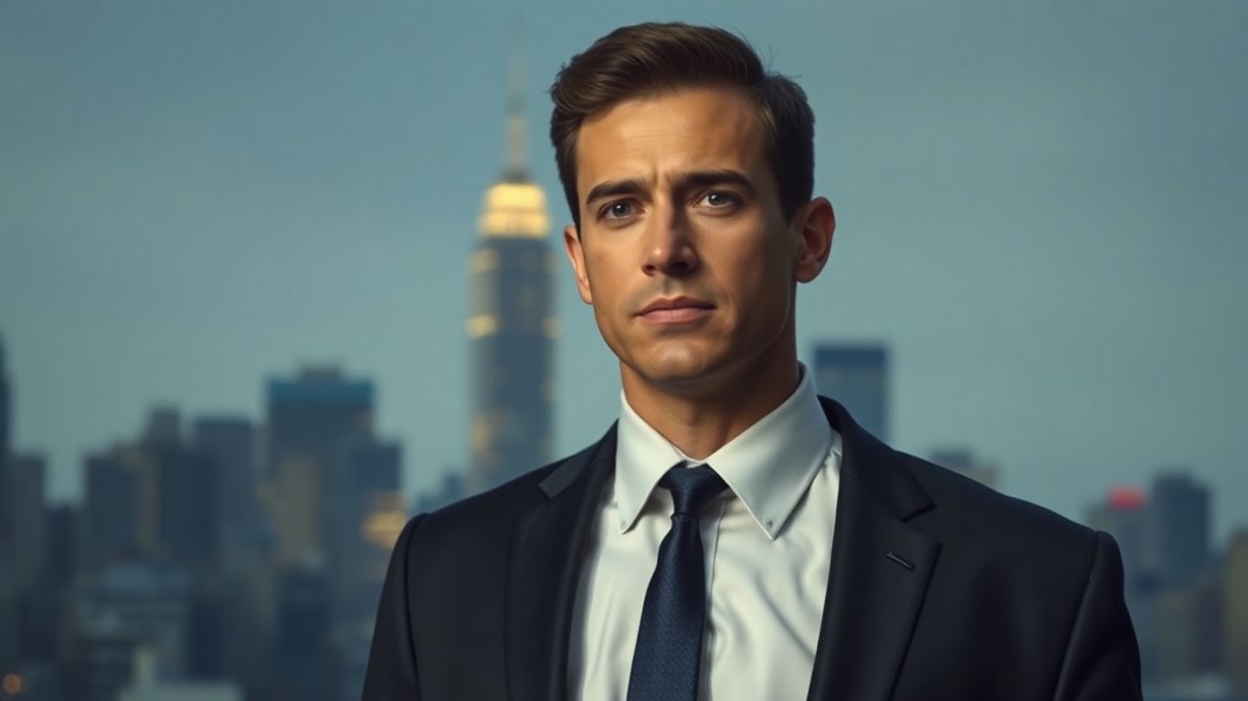 Man in suit looking towards city skyline