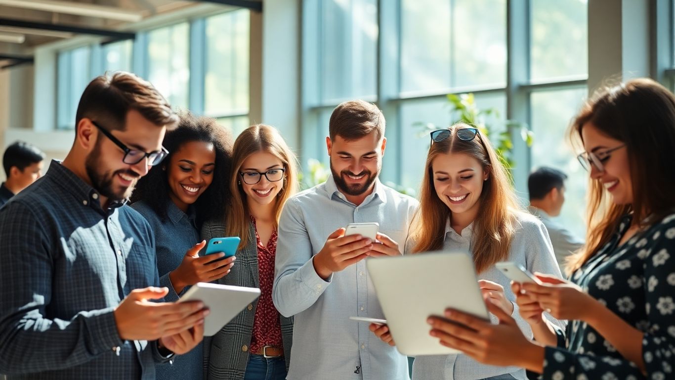 Pessoas usando smartphones e laptops em ambiente de trabalho.