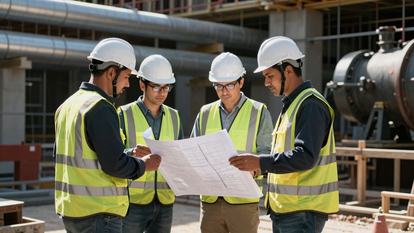 Industrial workers collaborating on a construction site.