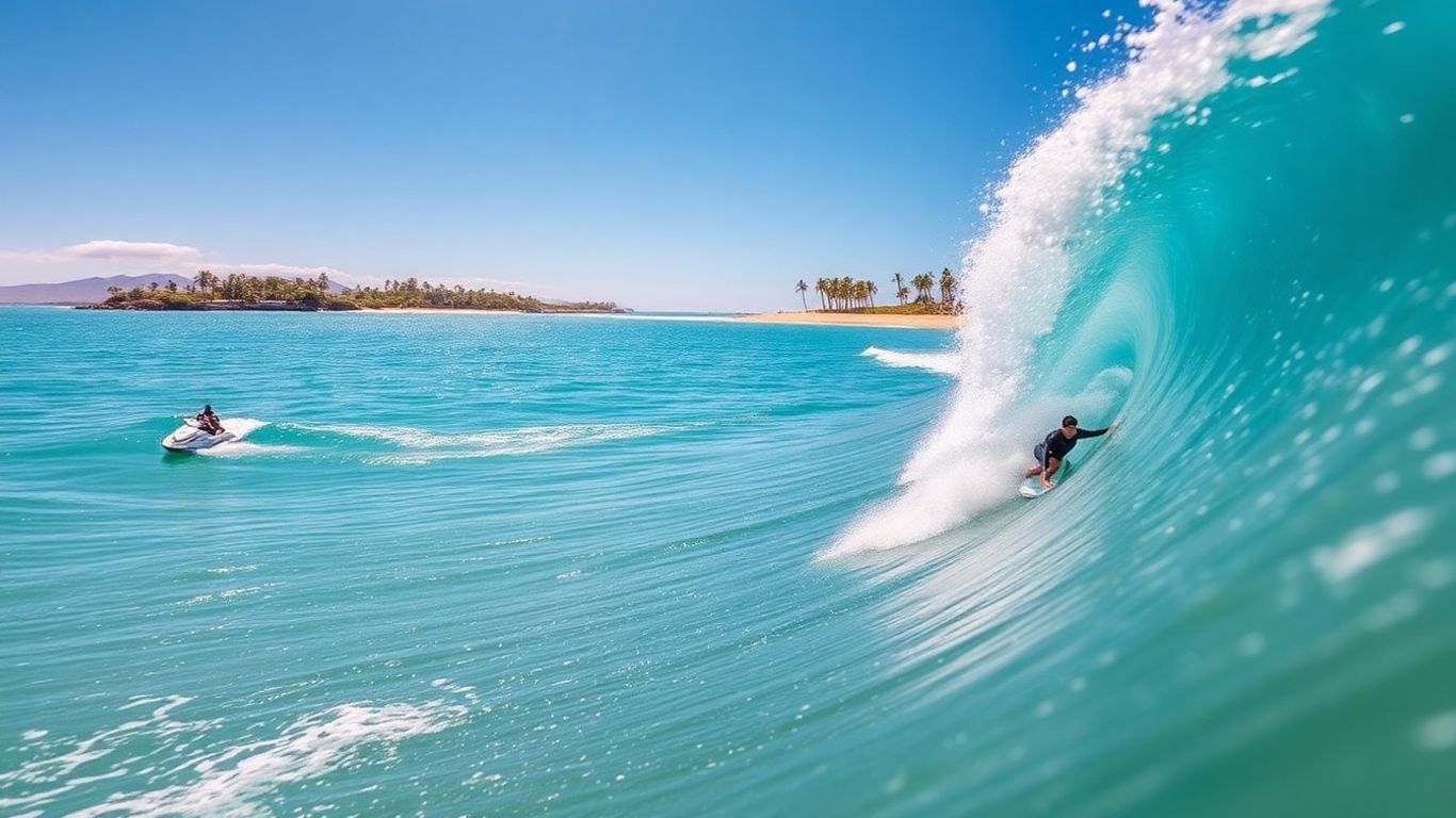 Surfer riding a wave, jet ski on turquoise water.