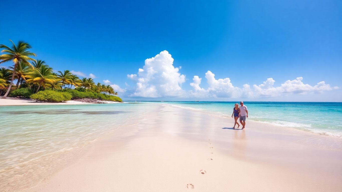 Couple walking on a tropical beach at sunset.