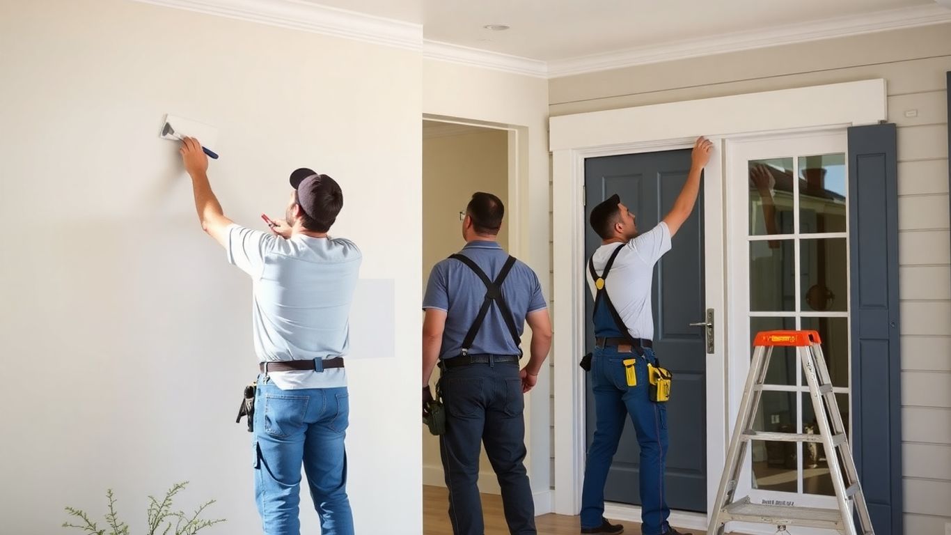 Professional painters working on house interior and exterior
