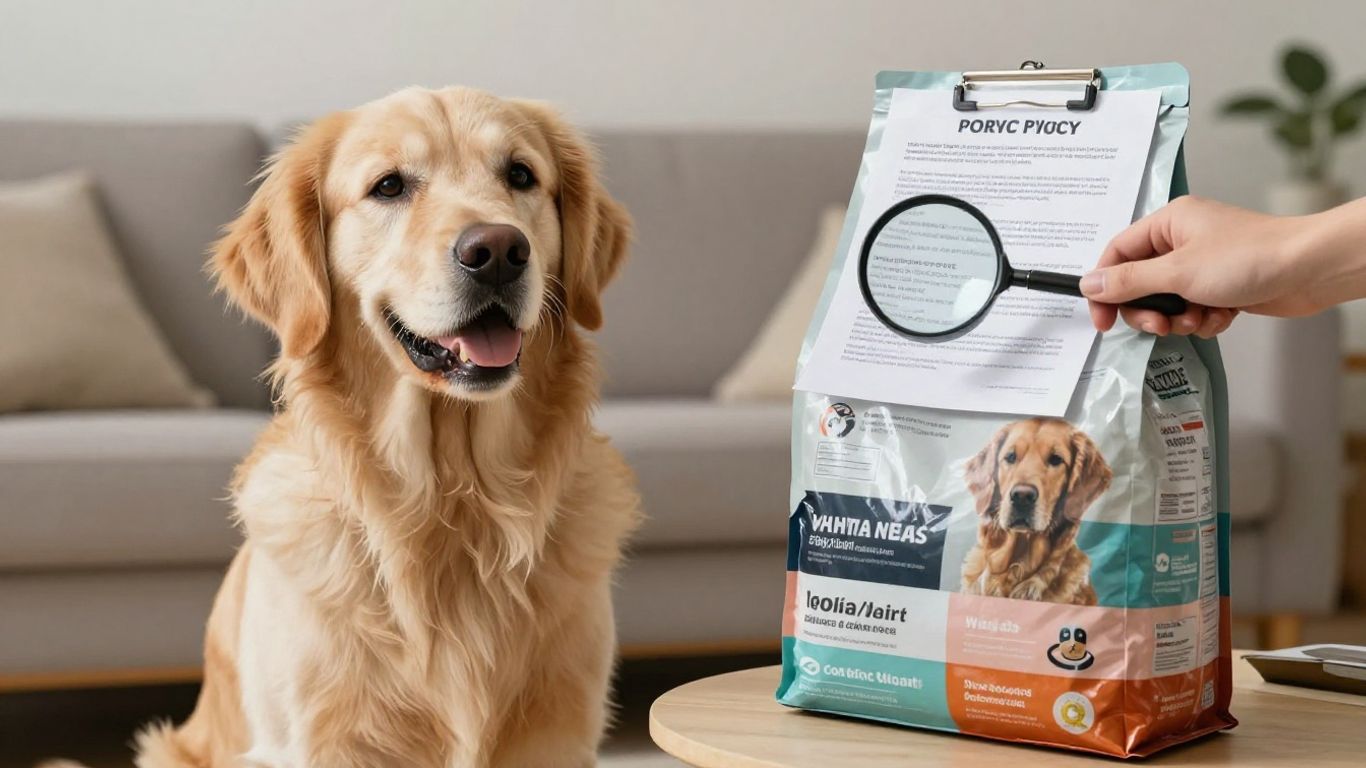 Dog with insurance policy document and magnifying glass.