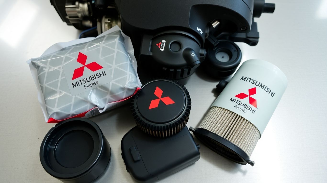 Genuine Mitsubishi car parts arranged neatly.