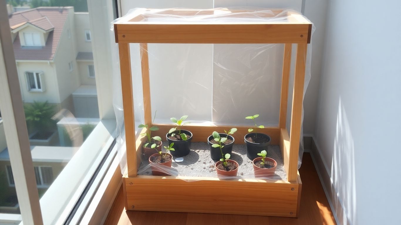 Mini-seră DIY pe balcon cu plante tinere.