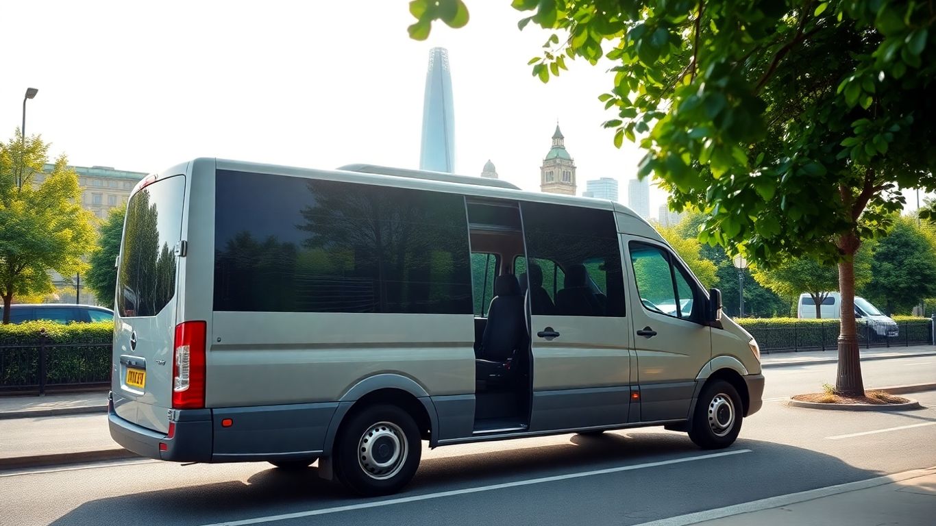 Minibus with London skyline in the background.
