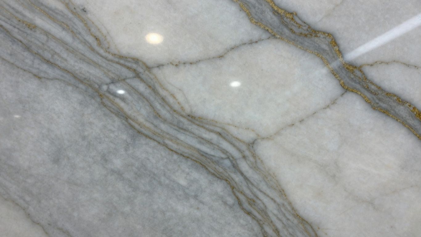 Polished Dolomite white marble with grey and gold veins.