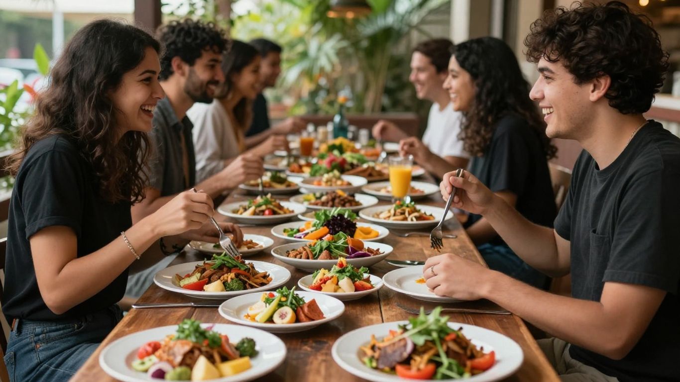 Oameni bucurându-se de mâncare într-un restaurant local însorit.