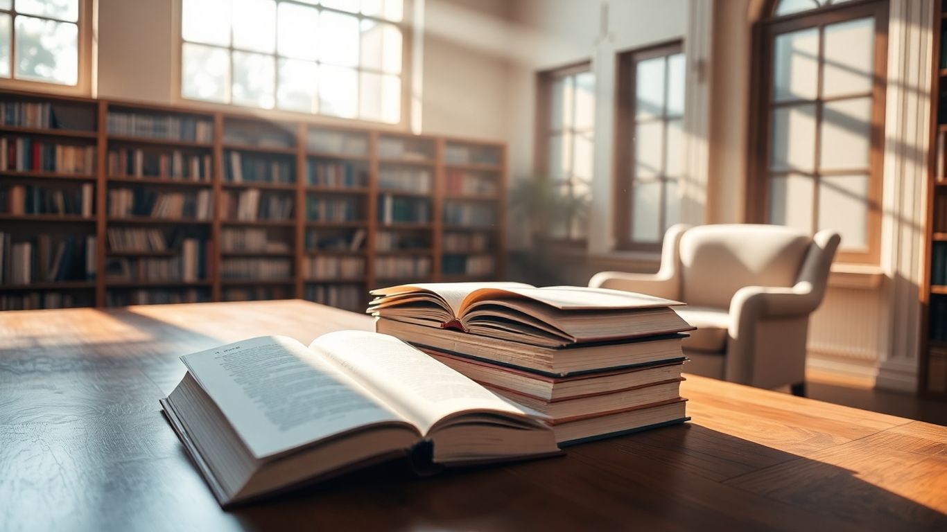 Books on a table in a sunlit library.