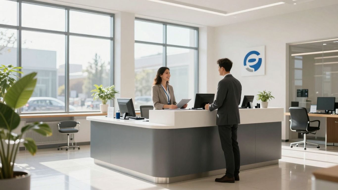 German bank interior with teller and customer.