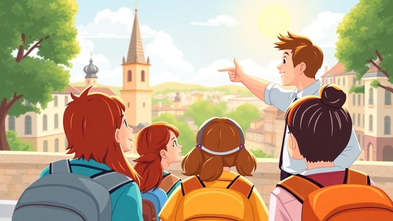 Glückliche Schüler auf Klassenfahrt mit Reiseleiter