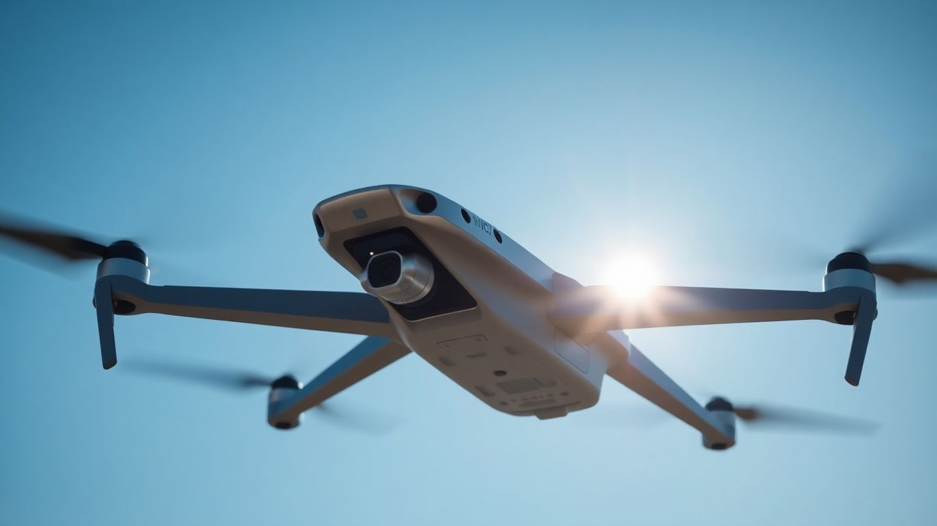 Drone flying in a clear blue sky.