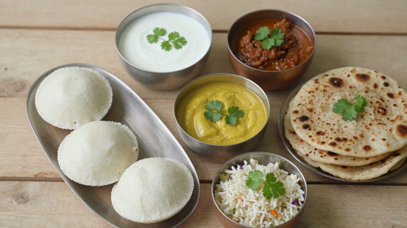Traditional Indian breakfast dishes with vibrant colors and garnishes.