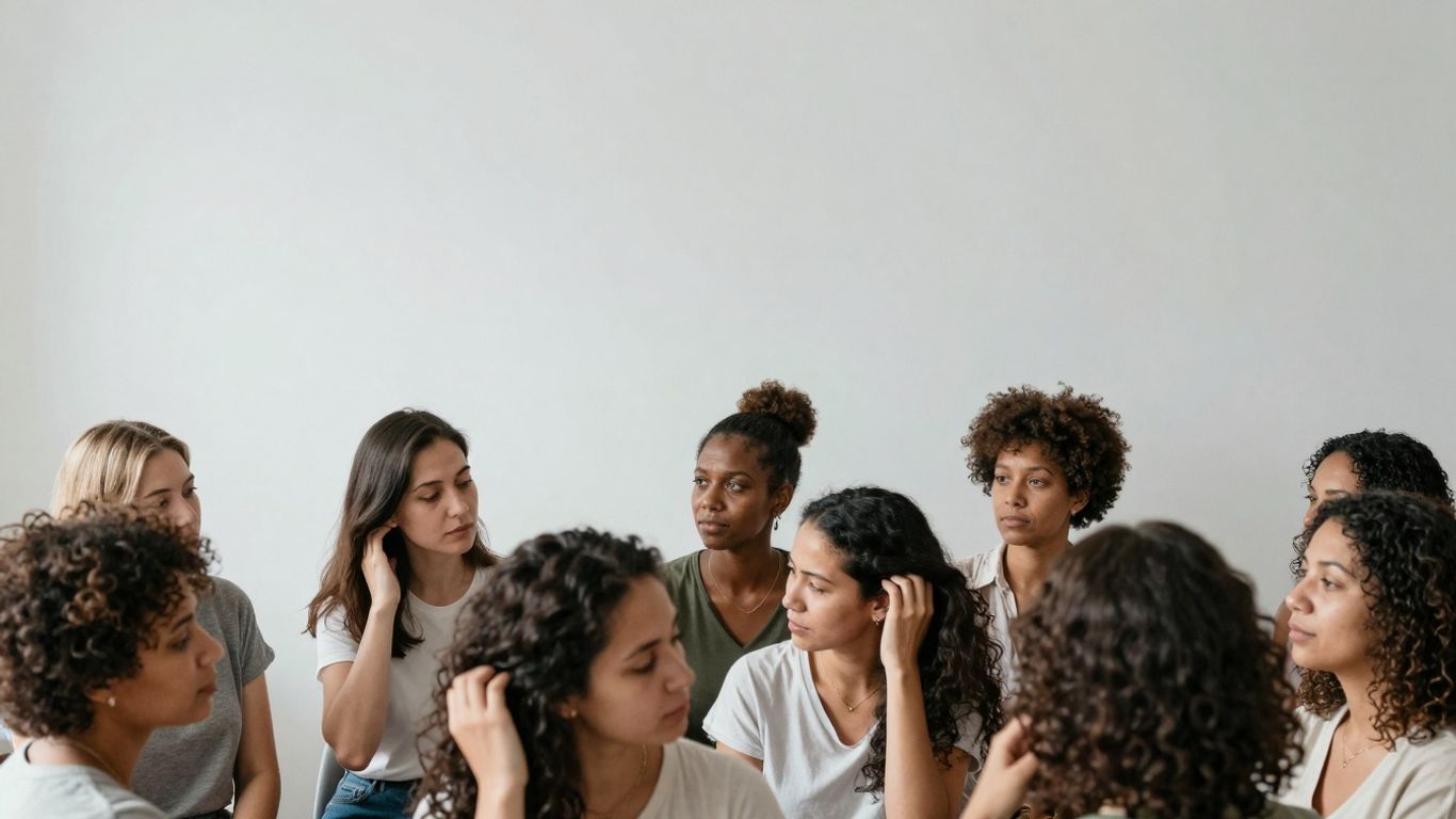 Women discussing hair loss in a supportive community.