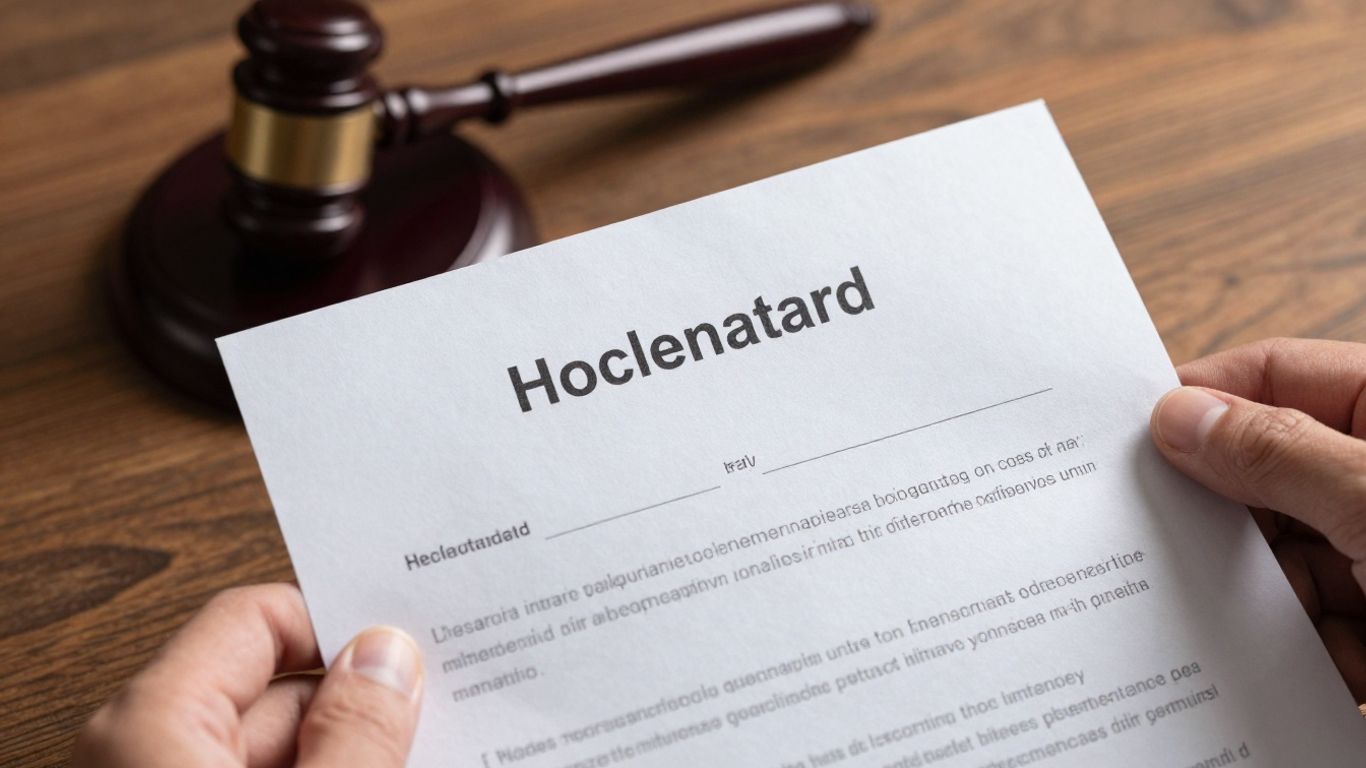 Hand holding legal document with gavel in background.