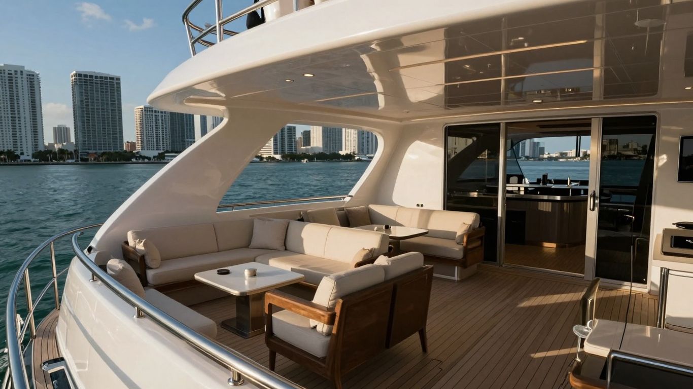 Seafair Mega Yacht cruising Miami waters with city skyline.