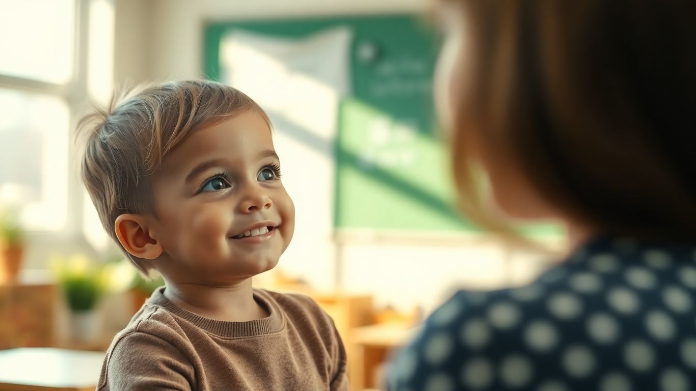 Copil curios în sala de clasă cu profesorul.