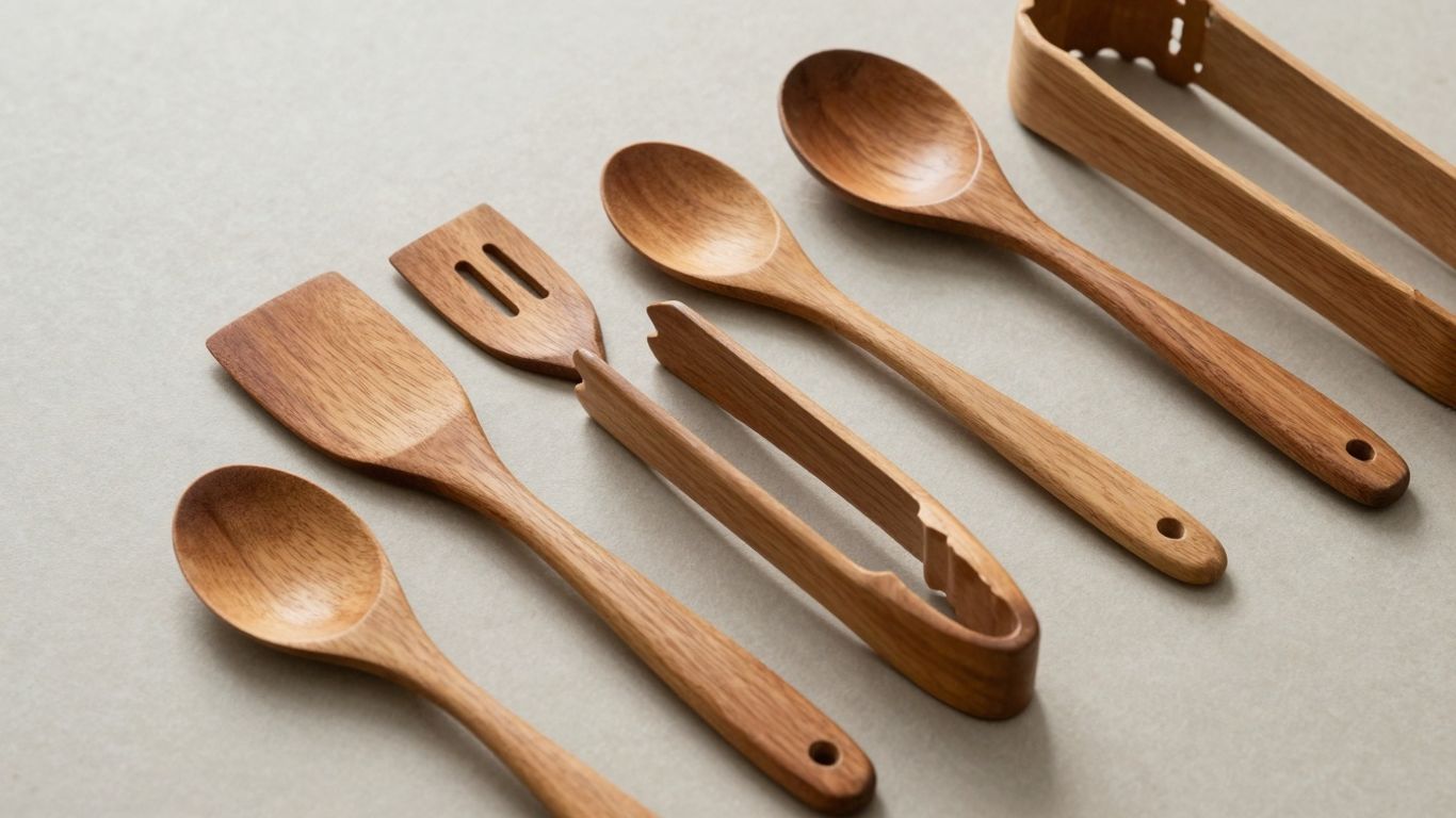 Polished teak wood cooking utensils on a neutral surface.