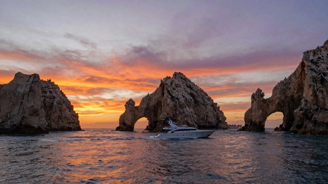 Sunset over Arch of Cabo San Lucas with yacht.