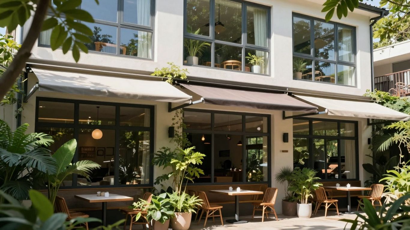 Bâtiment écologique moderne avec plantes vertes et sièges extérieurs ombragés.