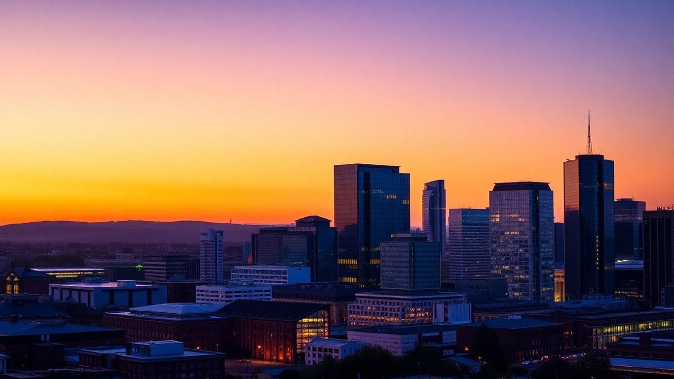 Manchester cityscape at dusk with illuminated buildings.