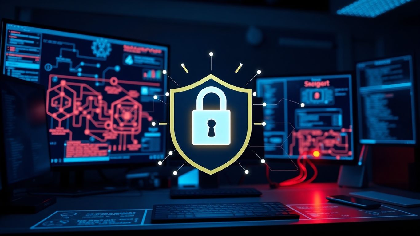 Admin desk with glowing tech, security shield, and data streams.