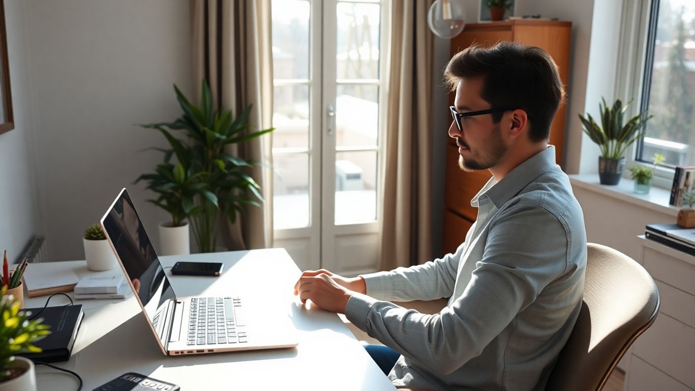Pessoa trabalhando em home office com laptop.