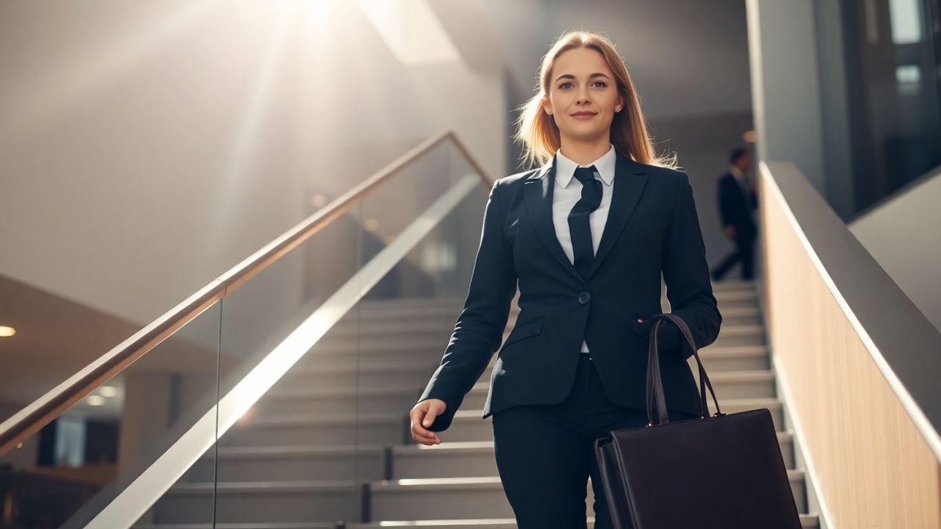 Administrative professional climbing stairs towards success.