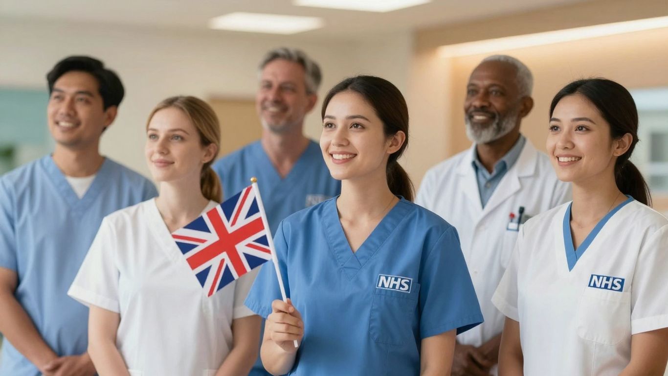 NHS care assistants with UK flag, visa sponsorship opportunity.