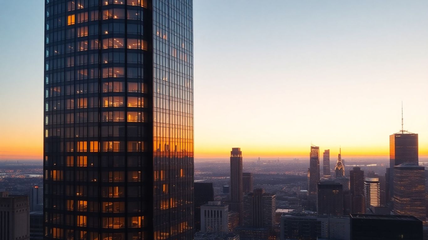 Edificio moderno en ciudad al atardecer.