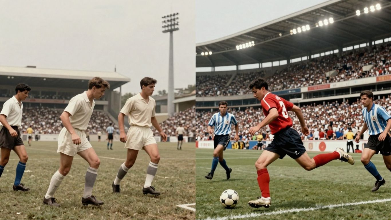 Evoluția fotbalului de la terenuri simple la stadioane moderne.