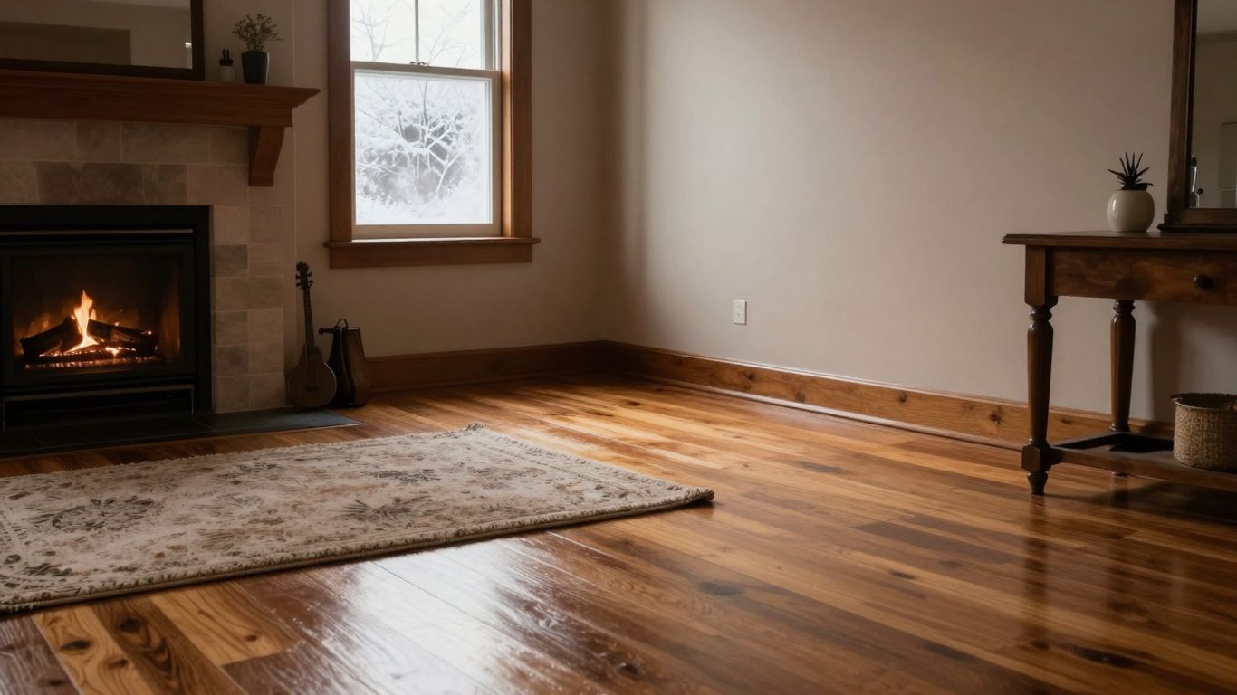 Hardwood floors in a cozy room during cooler months.