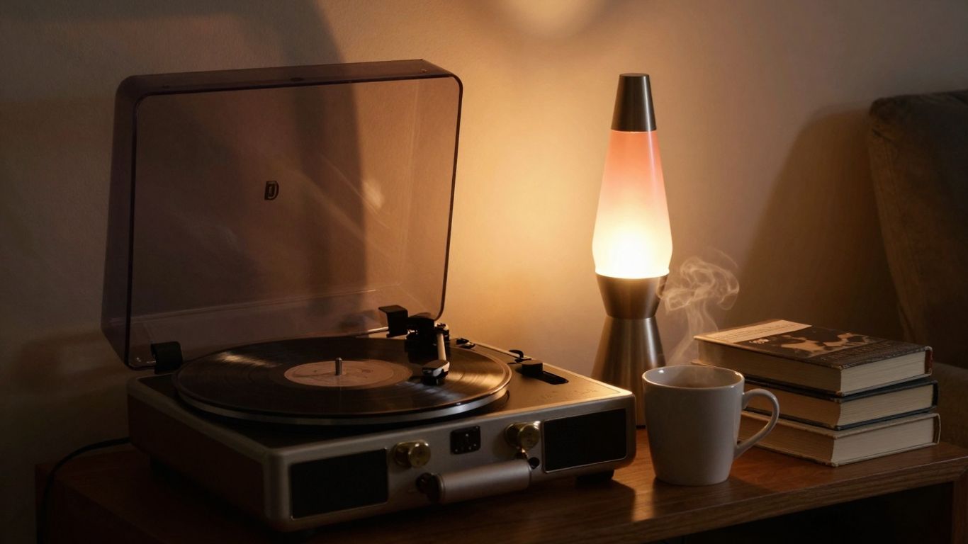 Cozy room with record player and lava lamp.
