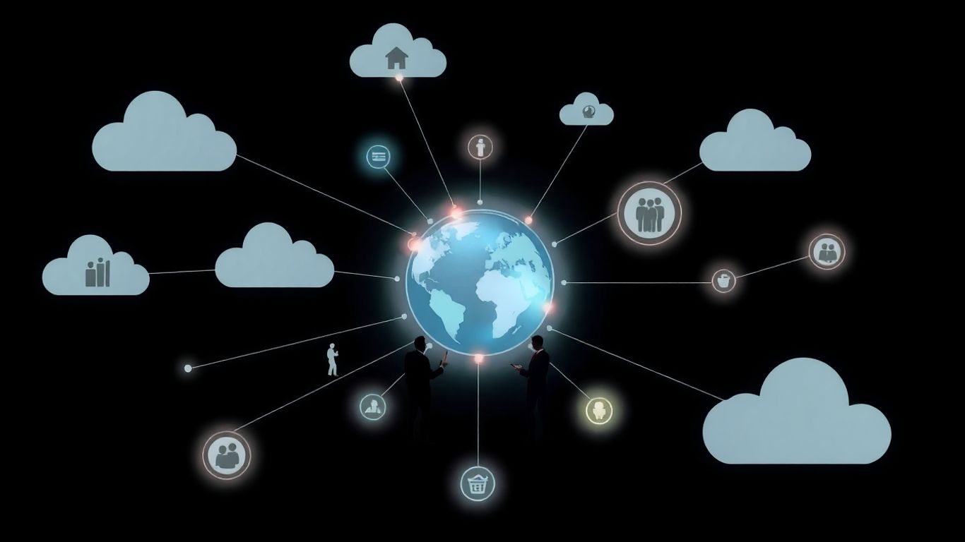 Business professionals and cloud technology infographic.