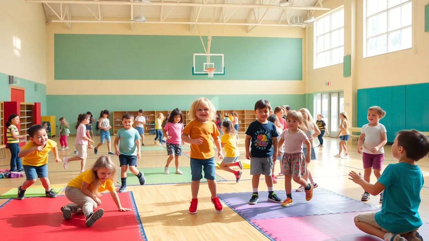 Kinder spielen und bewegen sich fröhlich in einer Turnhalle.
