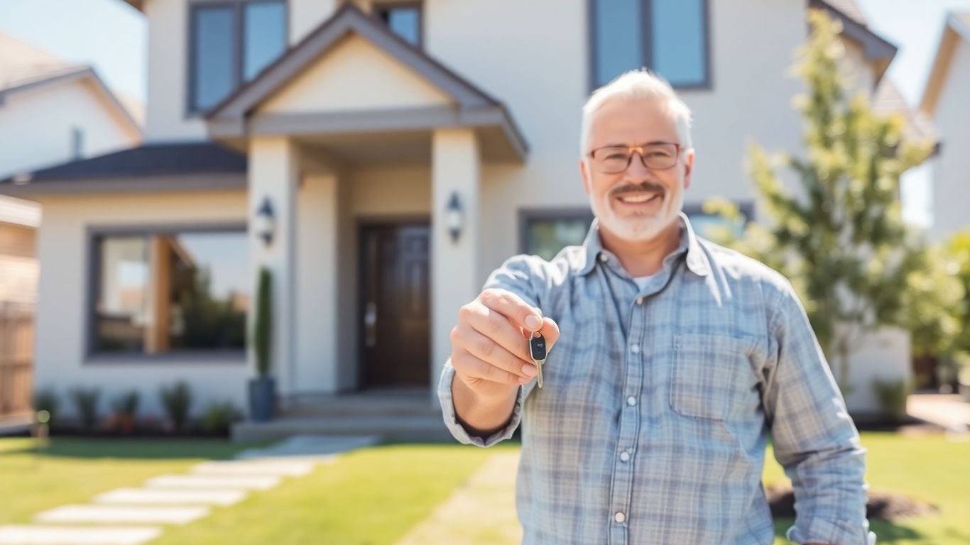 Propietario con llaves frente a casa de alquiler.