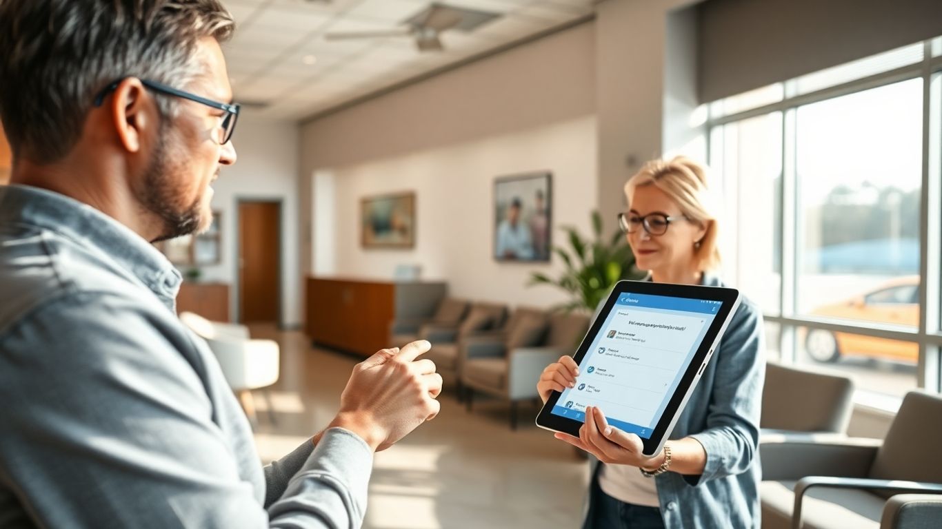 Patient booking an appointment on a digital tablet in a clinic.