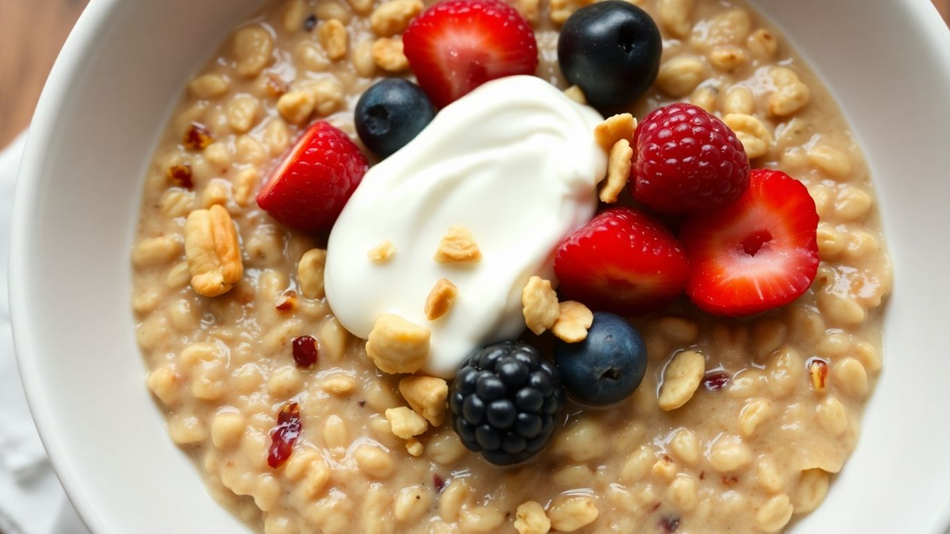 Bowl of high protein oatmeal with berries and nuts.