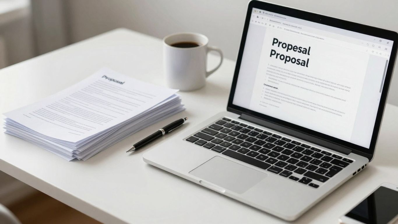 Laptop with proposal, pen, papers, and coffee mug on desk.