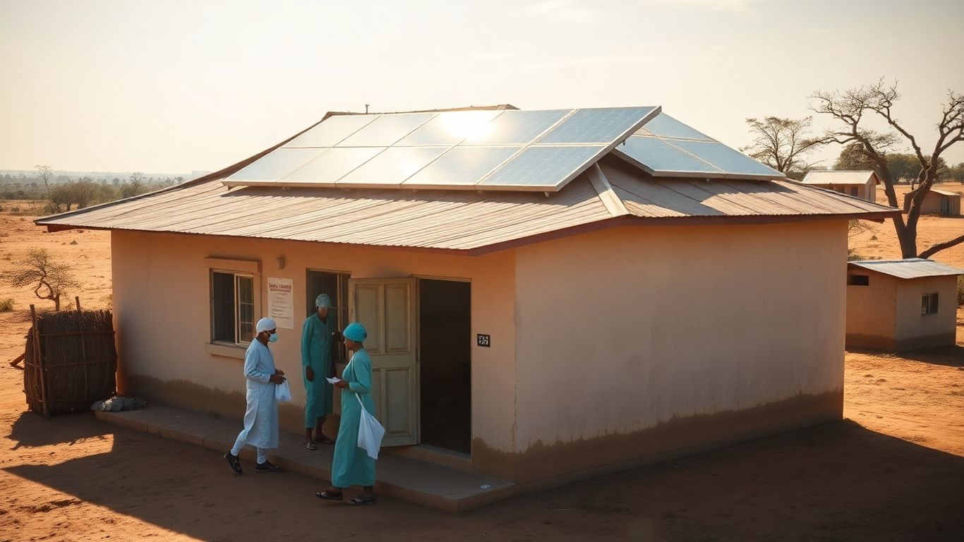 Clinique rurale africaine avec panneaux solaires sur le toit