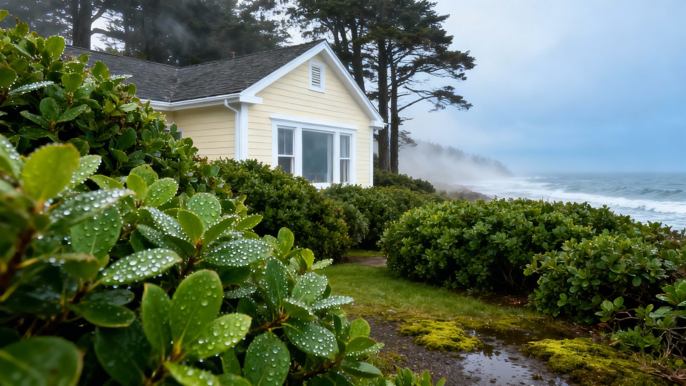 Freshly painted house in a misty coastal landscape