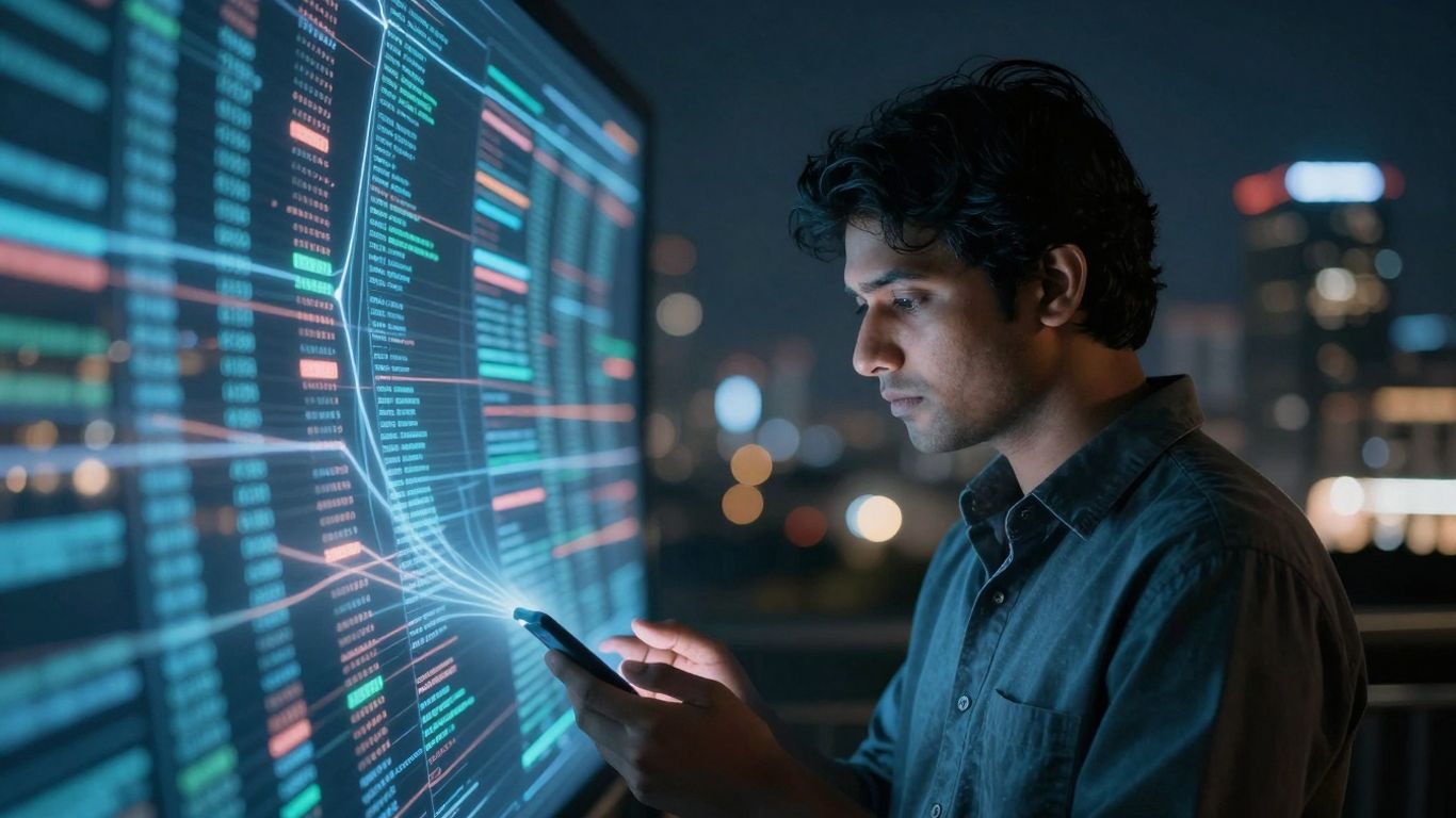 Persoană verificând informații pe ecran digital