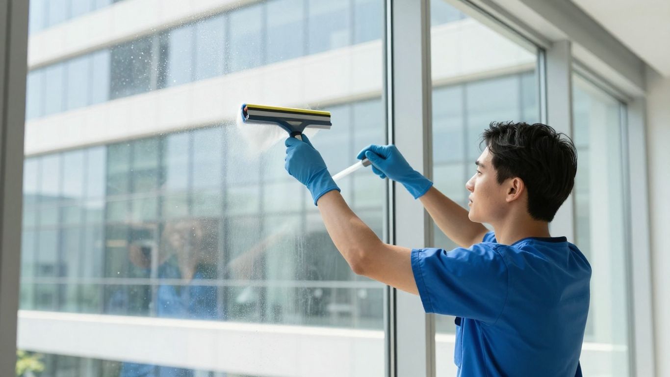 Professional cleaning a large, spotless window.